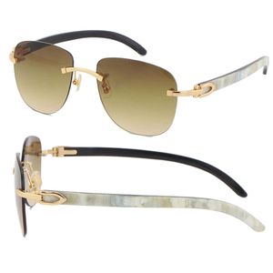 Heiße echte natürliche Original-weiße Innenseite aus schwarzem Büffelhorn, randlose Damen- und Herren-Sonnenbrille, 18 Karat Gold, UV400-Linse, Sonnenbrille, männlich und weiblich, Rahmengröße: 54–18–140 mm