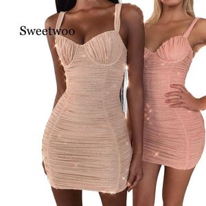 2020 Lantejoula de Verão Glitter Sexy Dress Mulheres Espaguete Strap Backless Bodycon Plissado Clube Vestido Feminino Mini Vestidos Pink1