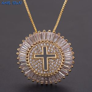 MHS.SUN Luxury Round CZ Zircon Necklace Catholic Cross Pendant Chain Necklace Collier Femme Gold Color Jewelry Christmas Gift