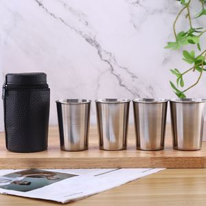 4 sztuk / zestaw kubek wina Set 70ml / 2oz 170ml / 6oz strzał szklany pakiet Whisky Tumbler Ze Stali Nierdzewnej Likier Kubki Przenośny Kubek Skórzany Torba Brelok