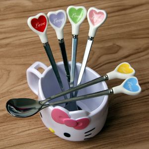Colorful Long Handle Stainless Steel Spoons Ice Cream Tea Coffee Dessert Spoon Heart-shaped Porcelain handle 15cm