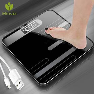 Mrosaa Bilance da pavimento per il corpo del bagno Bilance elettroniche intelligenti in vetro Ricarica USB Display LCD Pesatura del corpo Bilancia digitale per il peso corporeo Y200106