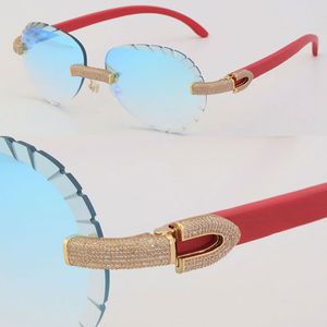 New Micro-paved Luxury Diamond Set Womens Men Sunglasses Red Wood Rimless Sun glasses Male and Female Frame With Fashion High Quality Popular Lens 18K Gold Eyewear