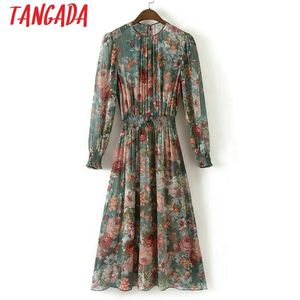 Tangada Fashion Women Floral Print Mid Dress Elastic Waist Långärmad O-Neck Två Pieces Set Vintage Brand Vestidos LJ200814