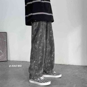 Jeans estampados de rua High Men Goth cal￧as 2021 Ver￣o Novo moda coreana Estilo Preppy Trend￪ncia casual casual de perna larga 0309