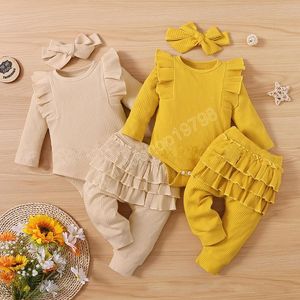 kids Clothing Sets Girls Solid color outfits infant Flying sleeve Pit stripe Tops+ruffle Pants+Headband 3pcs/set Spring Autumn fashion baby clothes