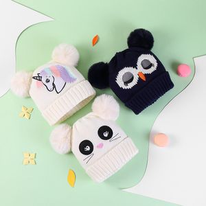 Kid Hat Boy Girl Winter Unicorn Knit Warm Hats With 2 Balls Soft Baby Beanie Crochet Cartoon Cat Owl