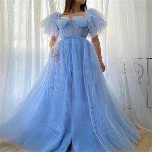 Light Sky Blue Prom Transkes Ruoffles Мягкий тюль линия вечерние платья Chic формальное платье для вечеринки на заказ