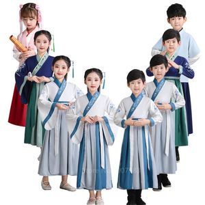 舞台服子供の古代衣装ハンフ男の子女の子の伝統的な中国の民俗ダンス服レトロ刺繍のドレスパフォーマンス