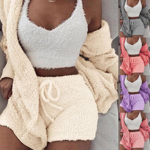 Dress Dress Dress Mulheres Winter Plush Set Roupas Casuais Sportswear Sólido mangas compridas com capuz Casaco com capuz + shorts sexy 2 roupas