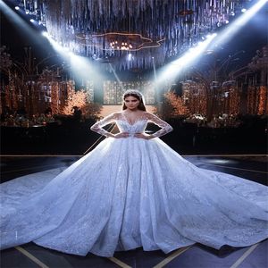 Arabskie Dubaj Suknie Ślubne Suknie Ślubne Z Długim Rękawami Bling Cekiny Kryształowe Koraliki Suknie Ślubne Sheer Custom Made Vestidos de Novia