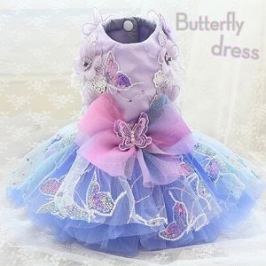 Handgjorda hundkläder Kläder Gradienter Färg Rainbow Butterfly Bow Princess Dress Tulle Ball Gown Tutu Bubble Skirt Pet Party Costume