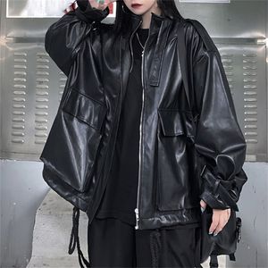 Rosetic Trend Gothic PU Leather Jacket Oversize Dark Black Girl Fashion Loose Preppy Style Casual Womens Jackets Coats Autumn LJ201012