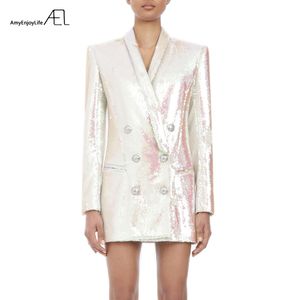Cappotto da donna con glitter bianco Top Fashion Slim scollo a V Sexy giacca da giorno in stile OL Spring Ladies New 201023