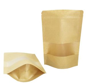 100PCS / Lot Craft Paper Cookie Sack, 22 * ​​30cm Ställ upp Kraft Paper Bag med transparent fönsterstående dammsäker ost