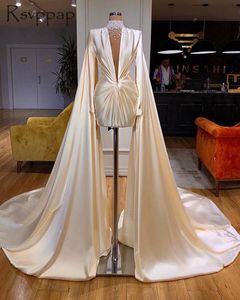 ロングイブニングドレス2020薄手のハイネック長袖真珠の象牙のサテンドバイの女性の短いフォーマルなイブニングガウンが付いている長いショールLJ201118