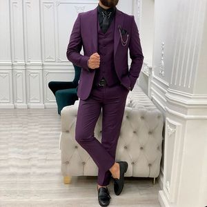 Noivo roxo Smoking Smoking Fit Mens Festa de Prom Calças Suits Casaco Business Wear Outfit 3 Peças