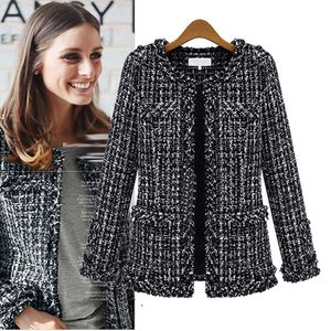 패션- 여성 격자 무늬 재킷 외부웨어 여성 패션 코트 가을 겨울 얇은 검은 색 체크 무늬 트위드 캐주얼