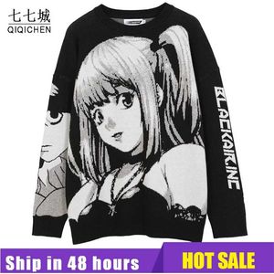 Anime kız örgü kazak erkekler hip hop sokak gevşek yün jumper vintage kazak kadın Japon harajuku gotik bahar kazak 220114