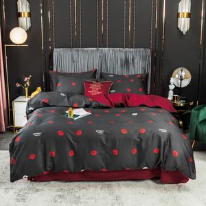 Queen King Twin Size 60S set di biancheria da letto in cotone egiziano morbido labbra rosse stampa copripiumino nero biancheria da letto lenzuolo con angoli federe T200706