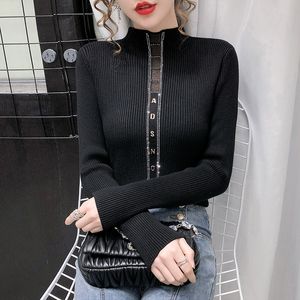 Frühling Herbst neue design frauen stehen kragen gaze gepatcht strass shinny bling gestrickte pullover hemd tops plus größe SMLXL