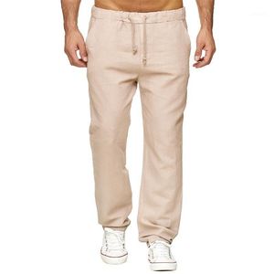 Pantaloni da uomo Pantaloni di lino tinta unita da uomo Coulisse elastica Pantaloni lunghi casual dritti Autunno Estate Uomo traspirante 20211