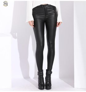 Velvet Kvinnors läderbyxor Hög midja Elastiska Slim Byxor Kvinnor Casual Skinny Stretch PU Läder Penna Pants Bomull Leggings