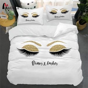 Miracille ögonfransar sängkläder guld och svart söta ögon mönster sängkläder uppsättning täcke täcker 3 stycke rolig duvet täcker för hem 201211