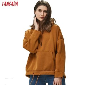 Tangada Frauen Fleece Pullover Sweatshirt Herbst Winter Weibliche Feste Übergroße Pullover Casual Tasche Mit Kapuze Tops LJ200808