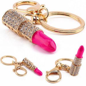 Urok Kryształ Keychain Lipstick Holder Rhinestone Brelok Keyfob Red Rose Wisiorek Key Chain Pierścienie Kobiety Biżuteria