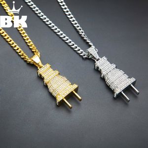 Mens Iced Out Bling Bling Plug Pendant Necklace Gold Silver Color Charm Micro Pave Full Rhinestone HipHop Jewelry 200928