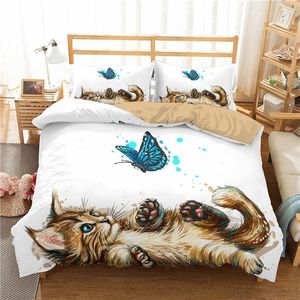 Zeimon 2/3 PC Zestaw pościeli 3D Drukowane Cute Cat Duvet Pokrywy Łóżko Zestaw do Home Textiles Butterfly Wzór Bedclothes Z Poszewką 201114