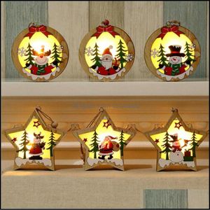 Dekoracje świąteczne świąteczne przyjęcia Strona główna Ogród Drewniany ornament Pentagram Luminous Santa Snowman Deer Wisiorek Świecące Dekoracja