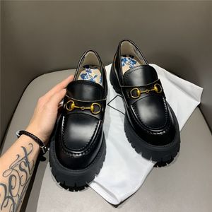 Women'S Leather Shoes Designer Chunky Heels 5cm Top Quality Single Shoes Embroidery Printed Lining Fashion Metal Button Luxury Classic Business Loafers With Box