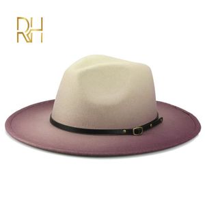 Kvinnor män ull vintage trilby filt fedora hatt med bred brim gentleman elegant gradient färg för dam vinter höst jazz caps lj201103