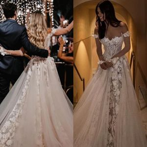 New Bohemian Floral Lace A Line Wedding Dress Charming Off Shoulder Long Sleeves Ivory Tulle Beach Country Bridal Gowns Corset Top Bride Dresses Court Train 2022