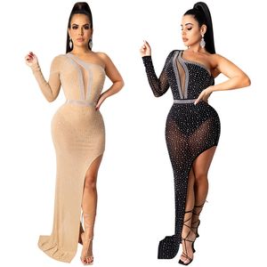 Frauen Nachtclub tragen sexy durchsichtiges Kleid heiß Bohren langes Kleid Langarm dünn plus Größe einteiliges Kleid Modepaket Hüftrock 4442