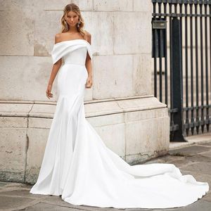 2021 Frühlings-Satin-Meerjungfrau-Hochzeitskleid, schulterfrei, Strand-Hochzeitsparty-Kleider, elegante Brautkleider mit Schleife