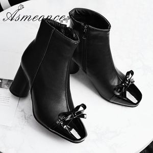 Woman Ankle Boots Thick Round High Heels Cute Bow Leather or Scrub Sweet Lady Short Boots Warm Winter Women Shoes Big Size 34-451