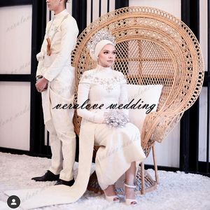 Robes de Mariée 2021 Mermaid Gelinlik Uzun Kollu Dantel Aplikler Malay Müslüman Gelin Parti Abiye Ayak Bileği Uzunluğu Vestido de Noiva