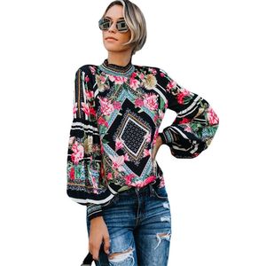 Mulheres Vintage Blusa Verão Camisas Turtleneck Manga Longa Camisa Selvagem Feminino Boémia Grapic Woman Tops LJ200811