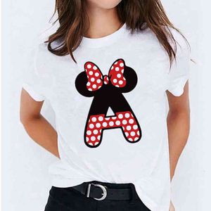 Camiseta feminina de manga curta com estampa personalizada da Minnie Mouse combinação de letras de A a Z