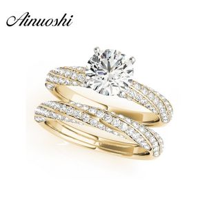 Ainuoshi 925 Sterling Silver Yellow Gold Color Twisted 4 Prongs Women Wedding Ring Set 1CT Engagement Anniversary Ring Set Y200106