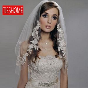 Accessori per matrimoni romantici veli applique in pizzo fatto a mano Vintage a due strati veli da sposa avorio bianco