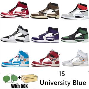 مصمم Jumpman Mens 1S كرة السلة أحذية عالية OG 1 UNC UNIVERY BLUE ROY REOW REAL GREEN SHOET Bred Chicago Trainers Men Women Sports Sneakers with Box Tag 36-46