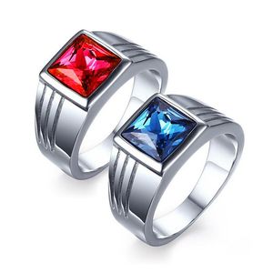 Fedi nuziali Anello maschile in acciaio inossidabile Gioielli in pietra rossa blu per uomo Fidanzamento Titanio + Zirconia cubica Commercio all'ingrosso