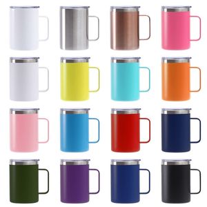 Wiederverwendbare 16-Unzen-Kaffeetasse mit Griff, doppelwandiger Edelstahl, vakuumisoliert, breite Öffnung, Bierbecher, Camping-Reisebecher, pulverbeschichteter, verschiebbarer, geschlossener Deckel