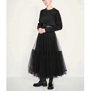 スカートCOSMICCHIC 2021滑走路デザイナー女性黒ロングチュールスカートハイウエストプリーツPolka Dot Maxi Lolita Saia Jupe Faldas1