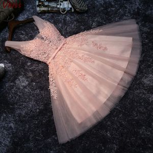 Pink Tulle Short Graduation Dresses 2020 Illusion Sleeveless A-Line Lace Cocktail Dress Elegant Women Prom Homecoming Vestidos