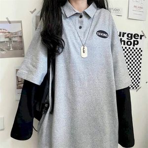 2022 T-skjorta Kvinnor Tshirt Långärmad t-shirt Studenter Korean Löst falska tvådelar Brev Broderi Polo Collar Top Trend 220226